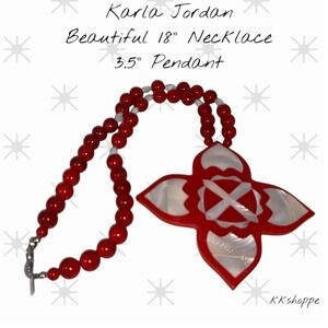 Karla Jordan Red Beaded Necklace 18 Inch 3.5 Inch Flower Pendant